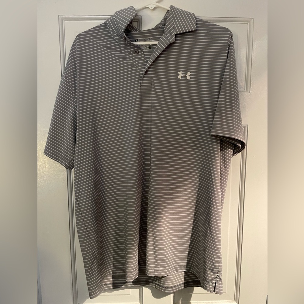 Grey and White Striped Polo